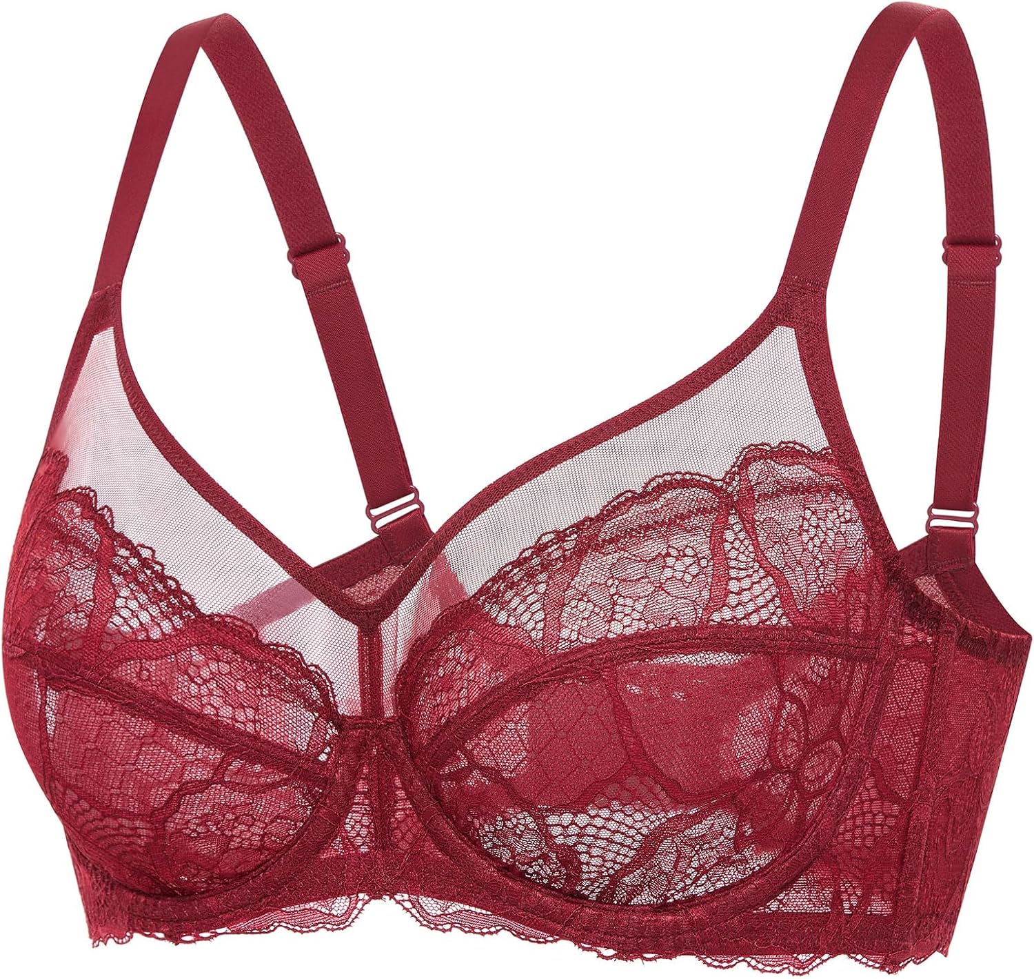DOBREVA Womens Sexy Lace Sheer Bra Unlined Minimizer Underwire Full Coverage See Through Bras