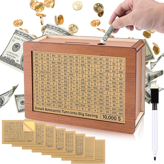 Money Box with Counter, Reusable Wooden Money Box Retro Piggy Bank with 500 1000 2000 3000 5000 10000 Money Saving Target, Wooden Money Bank for Kids Adults to Create Emergency Fund