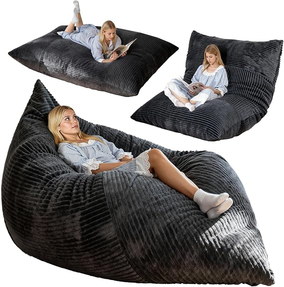nalone 6.4 FT Giant Bean Bag Chair for Adults, 4 in 1 Memory Foam Filled Beanbag Chair, Floor Sofa Bed with Fluffy Washable Flannel Cover, Lounge Couch for Bedroom, Living Room (Grey)