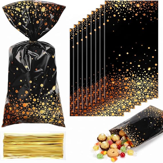 Censen 100 Sets Black Gold Cellophane Candy Treat Bags, 10.8 x 5''