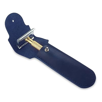 Safety Razor Head Protecting Leather Cover, Genuine Cowhide Leather Double Edge Safety Razor Case Accessories for Travel, Butterfly Razor Case, Soft Leather Double Edge Razor Case Blue