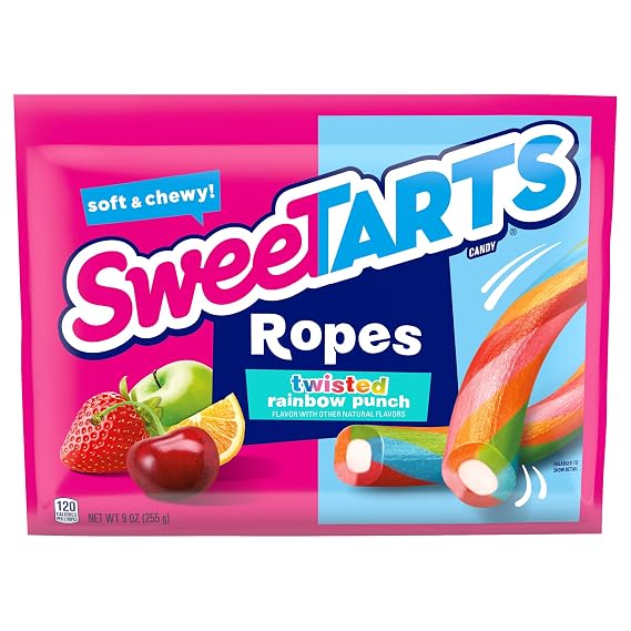 SweeTARTS Ropes, Candy, Twisted Rainbow Punch, Soft and Chewy, Back to School Sweet Treat, 9 oz