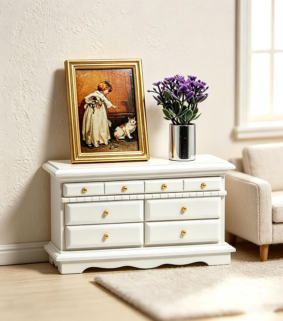 3Pcs 1:12 Dollhouse Wood Sideboard Set, Miniature Chest Cabinet Furniture | Wooden Wall Chest Cabinet with Drawers, Art Painting and Potted Plant, Cupboard Doll Accessories for Living Room,Bedroom