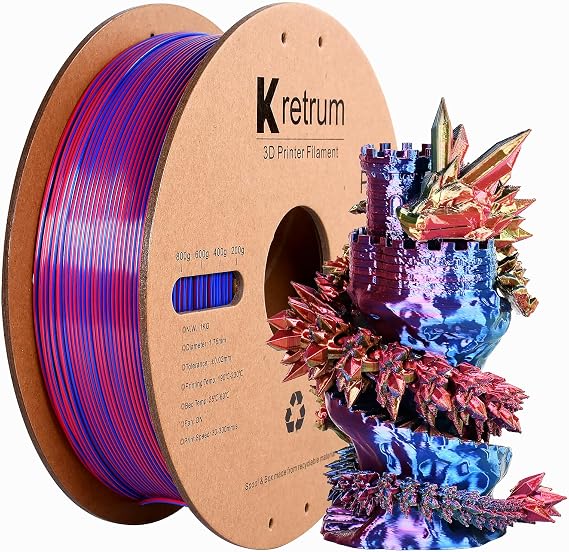 Kretrum Tri Color Silk PLA 3D Printer Filament 1.75mm Silk PLA Color Changing 3D Printing Filament 1kg / 2.2lbs Red & Green & Blue