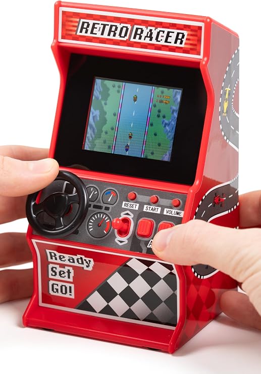 Mini Arcade Racing Machine 30 Built-in 8-Bit Racing Games Car Bike Boat and Ski Games 2.4 Inch Full Colour Screen Steering Wheel Shifter 2 Buttons ThumbsUp!