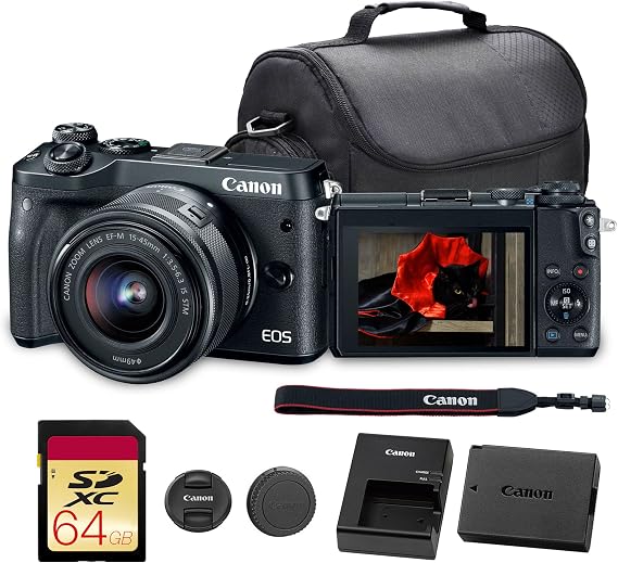 Canon EOS M6 Mirrorless Digital Camera with 15-45mm Lens | 24.2MP APS-C Sensor, Dual Pixel AF & Full HD Video | Travel & Vlogging Camera (1724C011) + Shoulder Bag + 64GB Memory Card