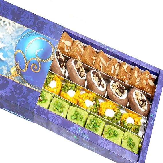 Ghasitaram Gifts Diwali Gifts Sweets- Assorted Box of Pista Barfi, Kesar Pista Delight, Choco Boat and Besan Barfi 800 GMS