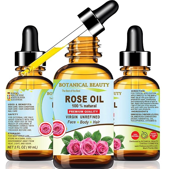 Botanical Beauty Rose Oil Rosa Damascena 100% Natural Rose Essential Oil for FACE, Skin, Body, Hair, Nails Beauty, Skin Moisturizer, Nourishing, Perfume, Soap Making (2 Fl Oz 60 ml)