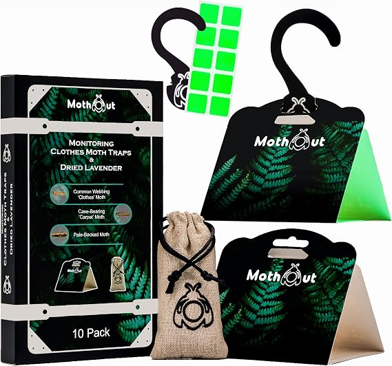 10 Pheromone Clothes Moth Traps, Carpet Moth Trap + Lavender Freshener + 10 Glowing Pads + eBook with Moths Prevention & Protection Techniques, Cloth Moths Monitoring Traps Detecting Activity