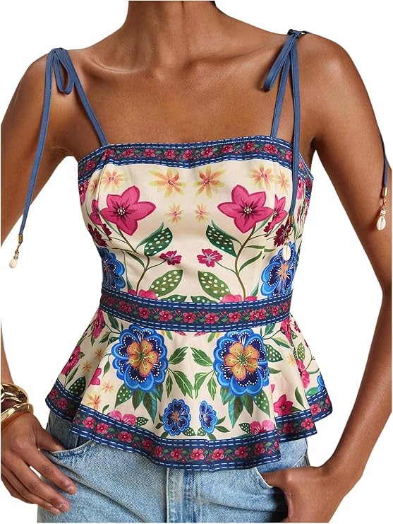 RoseSeek Women's Summer Boho Peplum Top Spaghetti Strap Cami Tops