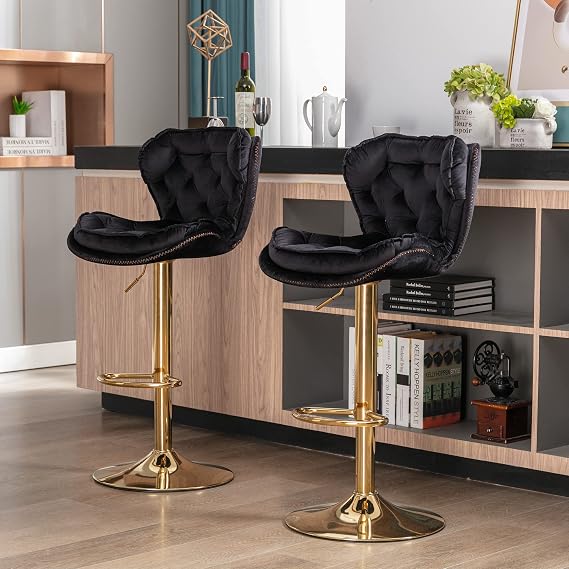 Velvet Swivel Bar Stools Set 2, Adjustable Height Counter Chairs