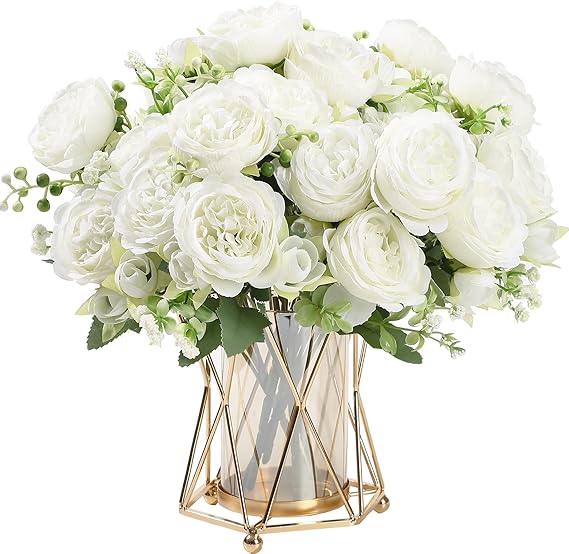 HNVNER 2 Bunches Artificial Peony Silk Flowers, White Faux Peonies Flower Bouquet for Wedding Party Centerpiece Home Decor