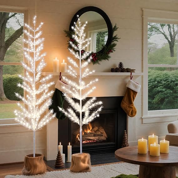 Lightshare 6FT Feather Lighted Tree Set of 2, 244L Warm White LED Decorative Trees with Metal Base, Elegant Indoor Floor Lamp for Home, Wedding, Party, Holiday Decor