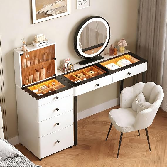 Modern Dressing Table with Mirror and Lights, Vanity Table with Drawers and Stool, Tempered Glass Display Top, Pre-Assembled Makeup Table with Reversible Cabinet for Small Bedroom