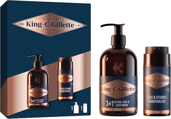 King C. Gillette Men's Beard Care & Grooming Set, 3-in-1 Beard, Face & Hair Wash 350ml, Face & Stubble Moisturiser 100ml, with Sandalwood, Cedar Scent, Gift for Men