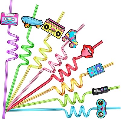 24 90s Party Favors 1990s Retro Element Straws for Back to The 90s Party Decorations Supplies with 2 PCS Straws Cleaning Brush