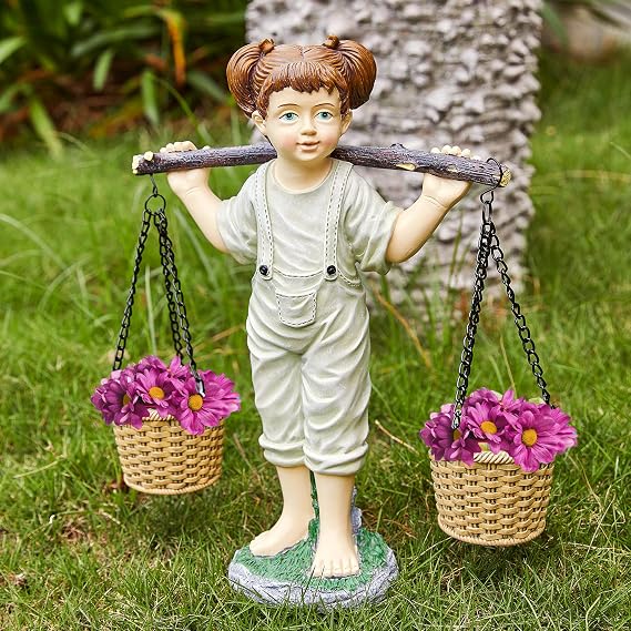 Large Flowers Girl Garden Statue In Stone, Flower & Succulent Planter, Pot Carrying Plants, Pots, Adorable Yard Decor | Indoor & Outdoor Ornament Cute Figurine Lawn, Patio, Home Decoration - 15 x 15