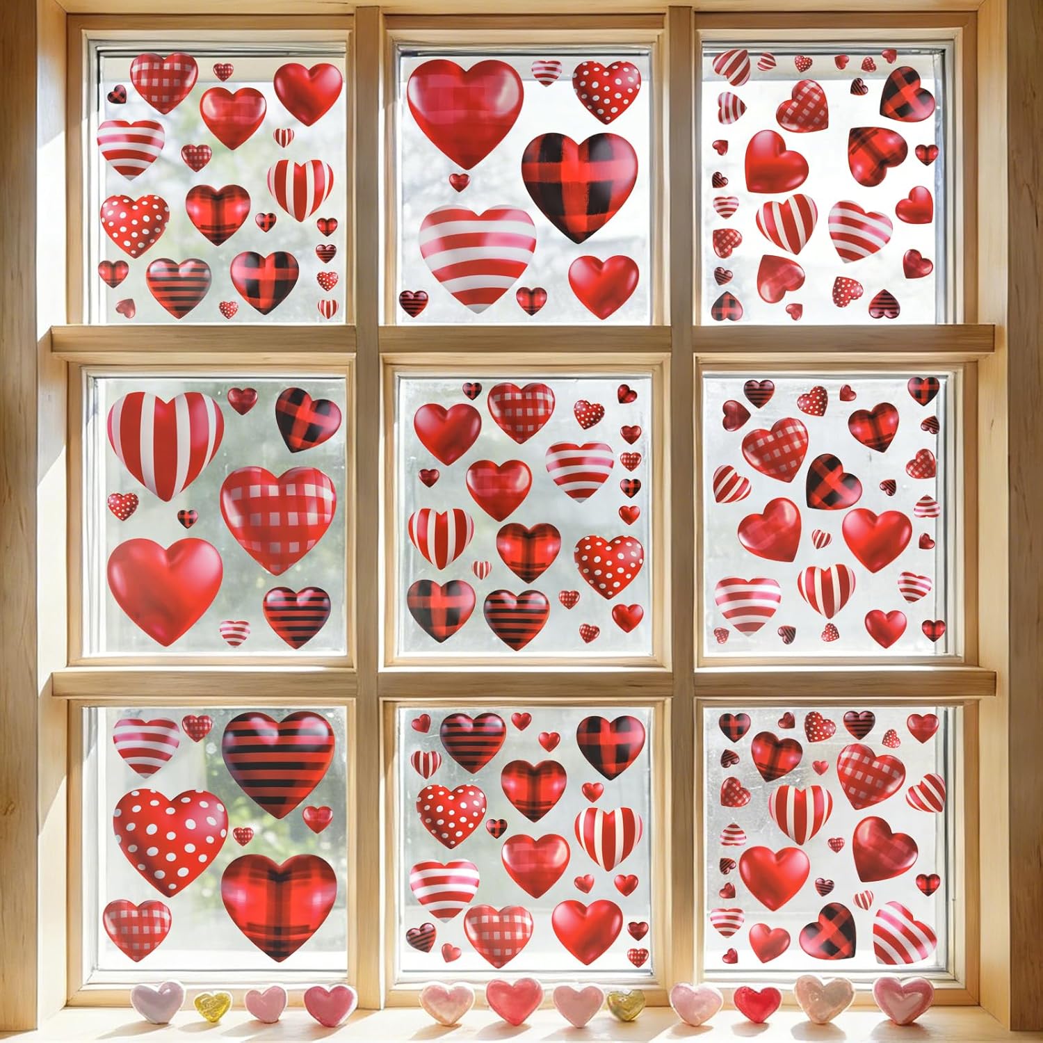 9Sheets Valentines Day Window Clings Decorations, Valentines Red Heart Stickers Double Sided Window Clings for Glass Windows, Reusable Romantic Decals Decor for Home Anniversary Wedding Party