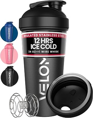 VELOMIX 24 oz Stainless Steel Shaker Bottle with Wire Whisk - Leakproof, No Clumps, Odor Resistant Metal Shaker Bottle, Insulated Shaker Cups for Protein Shakes, Pre Workout and Smoothie Black