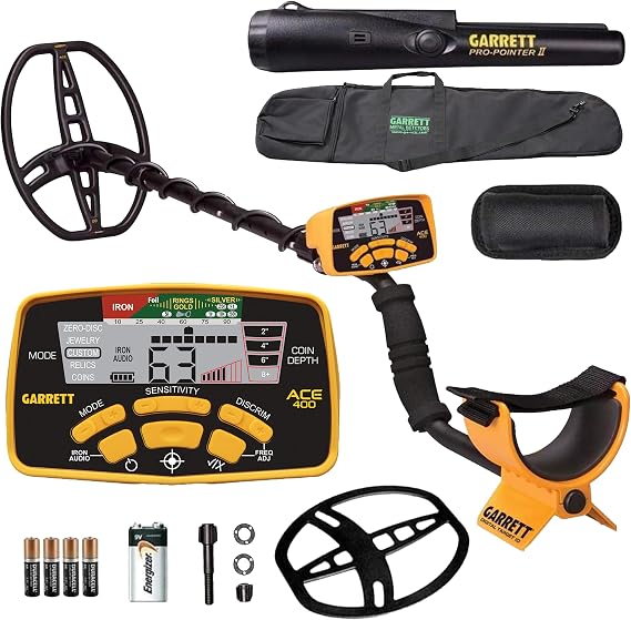 Garrett ACE 400 Metal Detector Bundle Digital Target ID, Iron Audio, Adjustable Frequency, Includes Pro-Pointer II, Carry Case