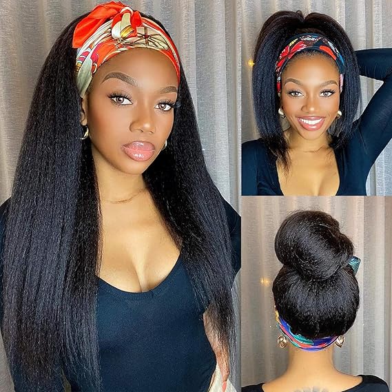 WIGNEE Kinky Straight Headband Wig for Women, 22 Inches, Yaki Straight Wigs with Black Headband, Synthetic Hair, Easy to Style, No Lace Front, No Glue