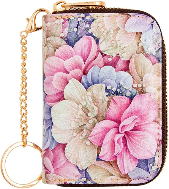 Credit Card Holder, RFID Blocking Wallet for Women Small Slim Leather Wallets with Keychain Zipper Business Cards Case (A Pink Romantic Flowers)