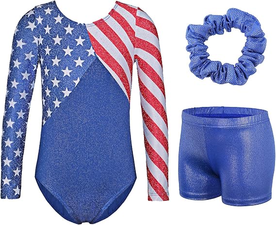TFJH E 3 Piece Gymnastics Set for Girls Leotard with Shorts Scrunchie