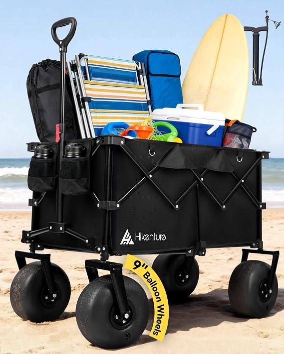 Hikenture Beach Wagon with Balloon Wheels, 9" PU Tires Collapsible Wagon | 440lbs Heavy Duty Beach Cart with Big Wheels for Sand, Large Capacity Utility Wagons Carts Foldable