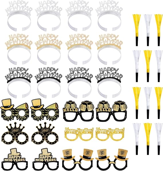cnomg 36 Pieces New Years Eve Party Supplies 2026 Happy New Year Headband Tiara Metallic Fringed Noise Makers New Year Glasse