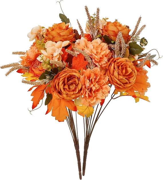 Thanksgiving Decorations - 2Pcs Artificial Fall Flowers, Fall Decor Flower Bouquet for Wedding Bouquets Autumn Decor Centerpieces Arrangements Faux Flowers Party Bridal Baby Shower Home Decorations