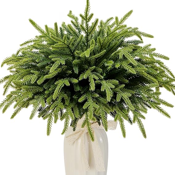 24Pcs Norfolk Pine Branches Stems 13.5" Artificial Pine Needles Sprigs Norfolk Pine Garland Accessories Vase Fillers Winter Fake Christmas Tree Picks Greenery Sprays for DIY Wreaths (24, Yellow Green)