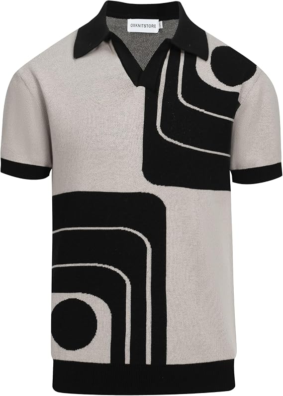 OXKNIT Mens Black V-Neck Polo Shirt 1960s Style Knit Golf Polo Short Sleeve Vintage Summer Shirt