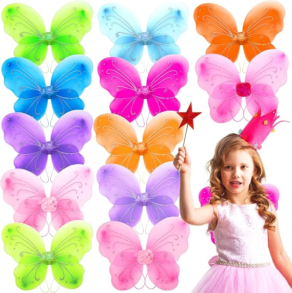 Noamus 12 Packs Butterfly Fairy Wings for Girls, Sparkle Princess Wings Bulk for Kids, Dress Up Glitter Costume Accessories for Christmas Theme Halloween Birthday Cosplay Party Favor(12 Colors)