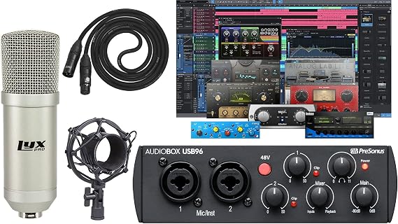 Presonus AudioBox 96 Audio USB 2.0 Recording Interface and Studio One Artist Software kit with Condenser Microphone Shockmount, and XLR Cable (Black)