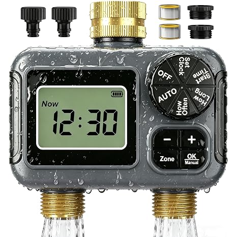 2 Zone Water Timer for Garden Hose, Brass Inlet & Outlet Watering Timer, Water Timers for Irrigation, IPX5 Waterproof Sprinkler Hose Timer with Rain Delay/Auto/Manual Modes, Automatic Watering System