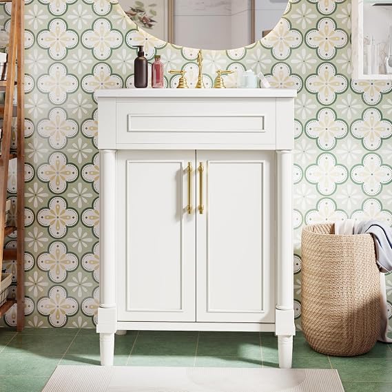 24" Bathroom Vanity with Sink, Solid Wood & MDF Bathroom Cabinet with Storage, White Single Sink Vanity with 2 Doors & Integrated Ceramic Basin for Small Bathroom, Powder Room, Apartment