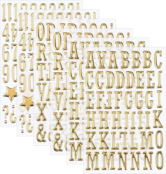 6 Sheets 3D Gold Letter and Number Stickers, Gold Puffy Letter and Number Stickers, 3D Golden Alphabet Sticker, Waterproof Golden Foam Sticker for Poster, Scrapbooking and Grad Cap Decoration (1 Inch)