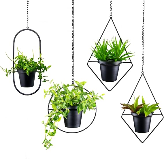 Metal Hanging Planters, Modern Plant Hanger with 5 inch Pot, Set of 4 Black Plant Holder, Small Wall and Ceiling Planter for Indoor Plants, Home Decor