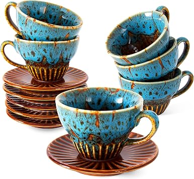 4 oz Espresso Cups Set of 6, Ceramic Cappuccino Cups with Saucers, Stackable Coffee Cup for Macchiato, Double shot, Tea, Coffee Lover Gifts, Glazed Blue