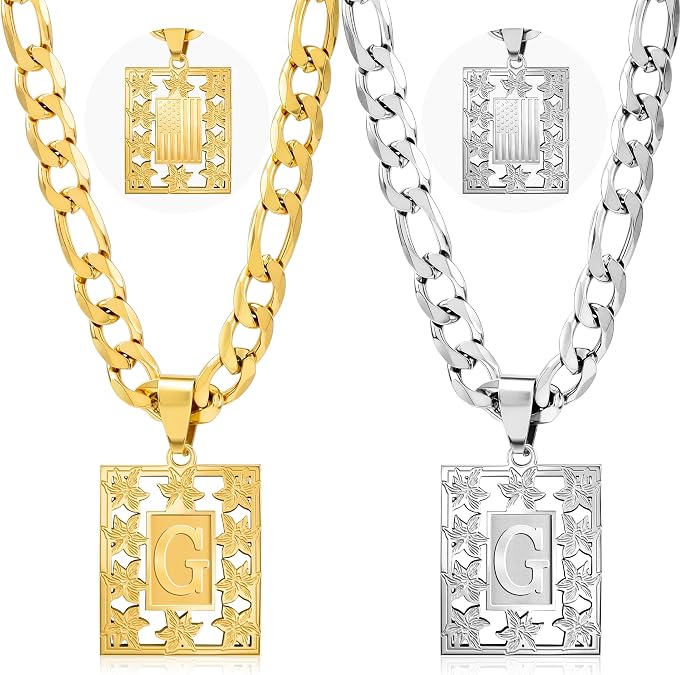 Romass Initial Necklace for Men Women- 18K Gold Plated Silver Letter G Necklaces Star Flower Square Pendant, Capital Monogram Figaro Chain Stainless Steel Necklace Jewelry Gifts