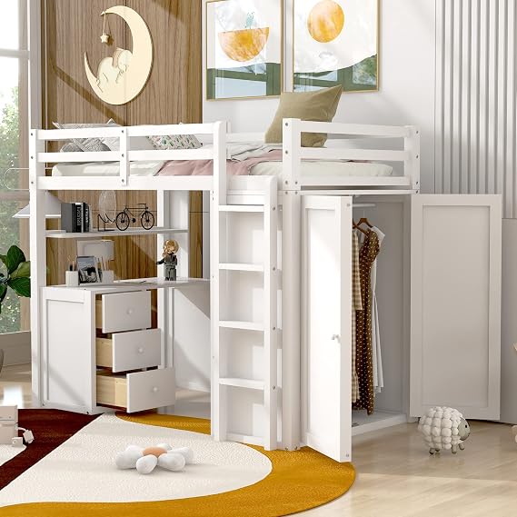 Modern Twin Size Loft Bed with Wardrobe, Solid Wood Frame with Built-in Desk and 3 Drawers, Multi-Functional for Kids Teens Adults, Maximized Space (White-5)