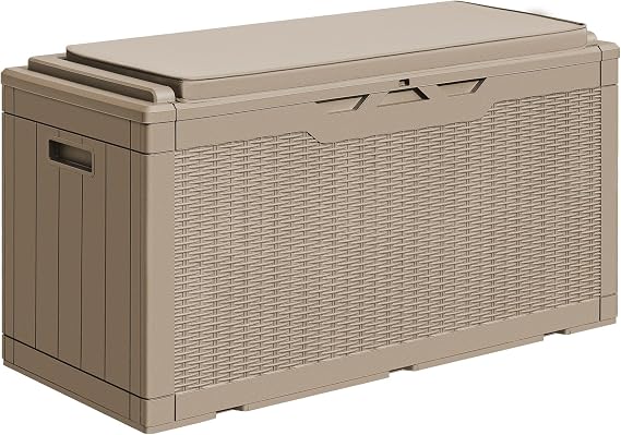 Greesum 100 Gallon Resin Deck Box Outdoor Storage with Cushion, Coffee