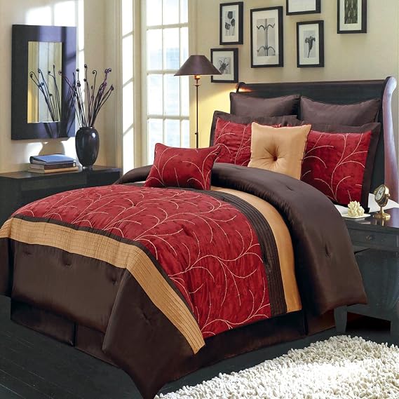 Royal Bedding Atlantis Red, Gold and Chocolate King Size Luxury 8 piece Comforter Set Includes Comforter, Bed Skirt, Pillow Shams, Decorative Pillows