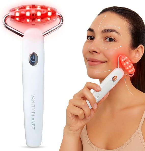 Vanity Planet 3-in-1 Mila Contour & Define LED Facial Roller | Skin Massager with Cooling, Sonic Vibration & Red Light Therapy - Anti-Aging Face and Neck Massager for Firming & Relaxation