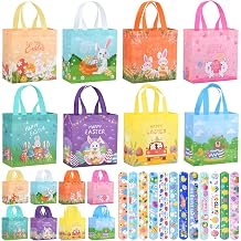 24 Pack Easter Gift Bags, Reusable Bag with Handles, Non-Woven Easter Baskets, Foldable, Waterproof, Egg Hunt Gift Bag Party Supplies, Extra with 24