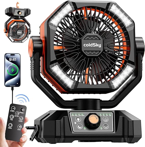 coldSky 20000mAh Camping Fan with Dual Motor, Battery Operated Fan with 4 LED Lantern, 8 Speeds Desk Fan with Remote, Portable Outdoor Fan with Hook for Tent, Power Outages, Jobsite