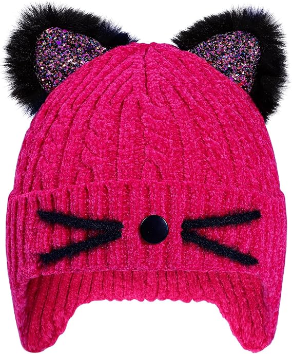 Kids Winter Hat Girls Sequin Cat Ears Knit Beanie with Earflaps
