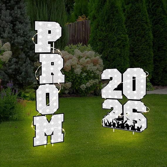 6 Pcs Prom 2026 Yard Signs Party Outdoor Lawn Decorations with Light String Prom Graduation Yard Signs Party Outdoor Grad Decorations Waterproof Lawn Decor Graduation Party Supplies (Silver and Black)