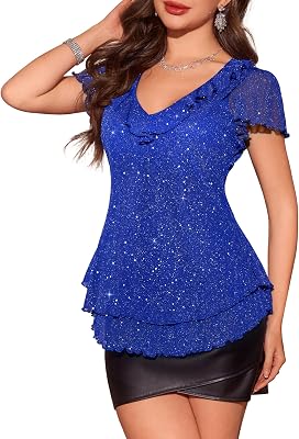 Womens Sparkly Sequin Tops Short Sleeve Glitter Casual Summer V-Neck Ruffle Top