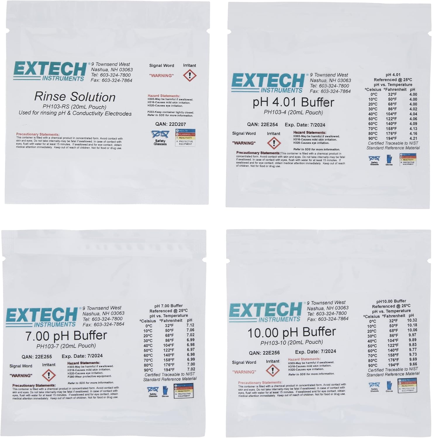 Extech PH103 Tripak Buffer Pouches 4, 7 and 10 pH with Rinse Solution Kit